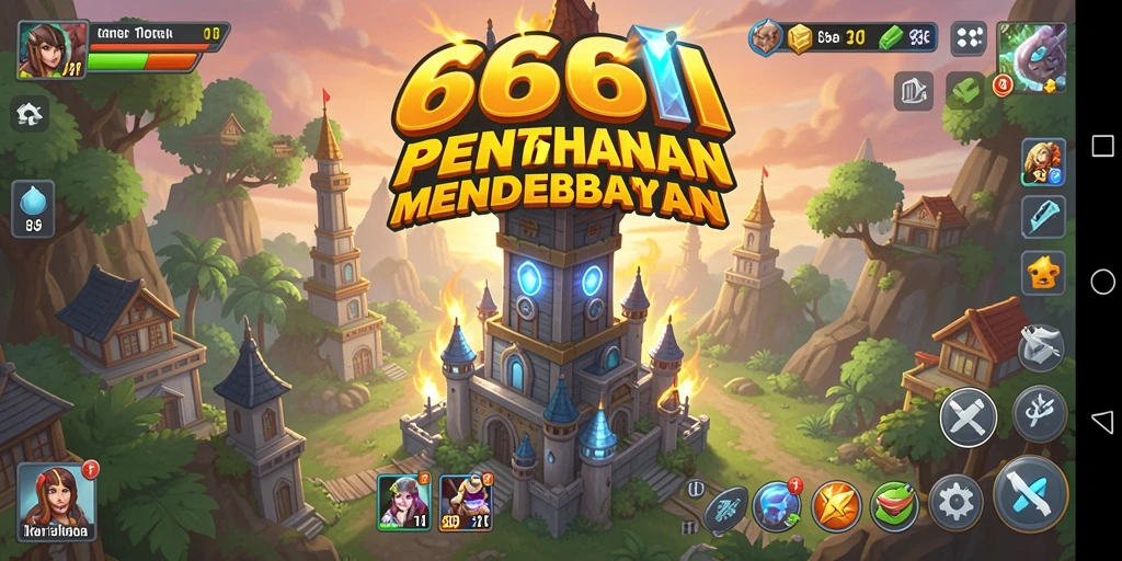 Gameplay seru dalam 666I menampilkan menara dan musuh yang menantang.