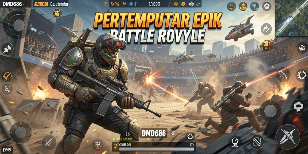 Screenshot DMD686 menunjukkan aksi pertempuran intens dalam Battle Royale.