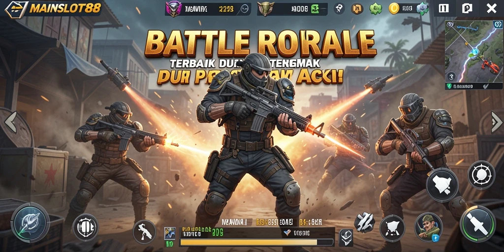 Tangkapan layar utama MAINSLOT88 menampilkan aksi pertempuran Battle Royale yang intens.