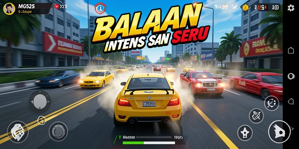 Screenshot gameplay MG525 menampilkan aksi balapan yang mendebarkan dan mobil yang mengesankan.