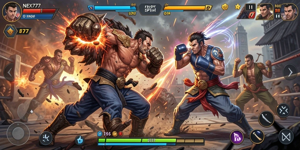 Screenshot NEX777: Menampilkan aksi pertarungan yang seru dan karakter menarik.