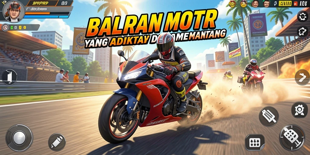Screenshot gameplay RPRPRP menampilkan balapan mendebarkan dengan berbagai motor.