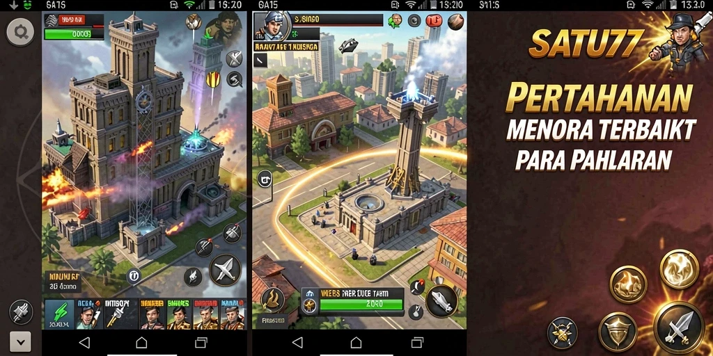 Gameplay SATU77 menampilkan menara dengan kekuatan berbeda melawan gelombang musuh.