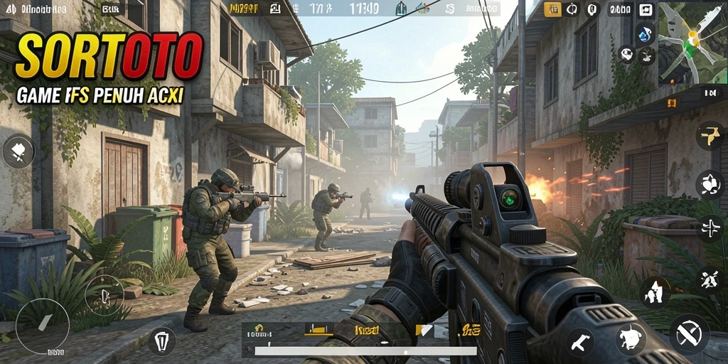 Tangkapan layar gameplay SORTOTO menampilkan aksi tembak-menembak yang mendebarkan.