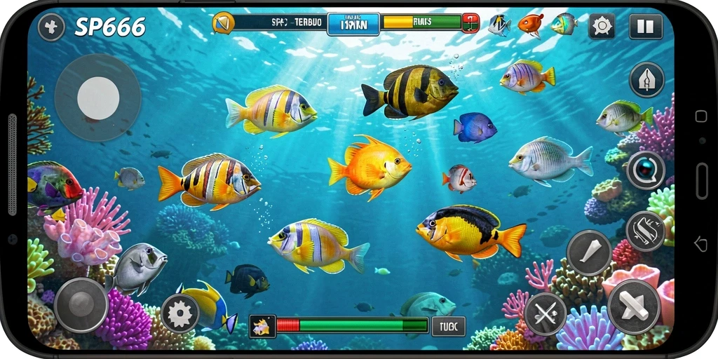 Tampilan gameplay seru dari SP666 saat menembak ikan.