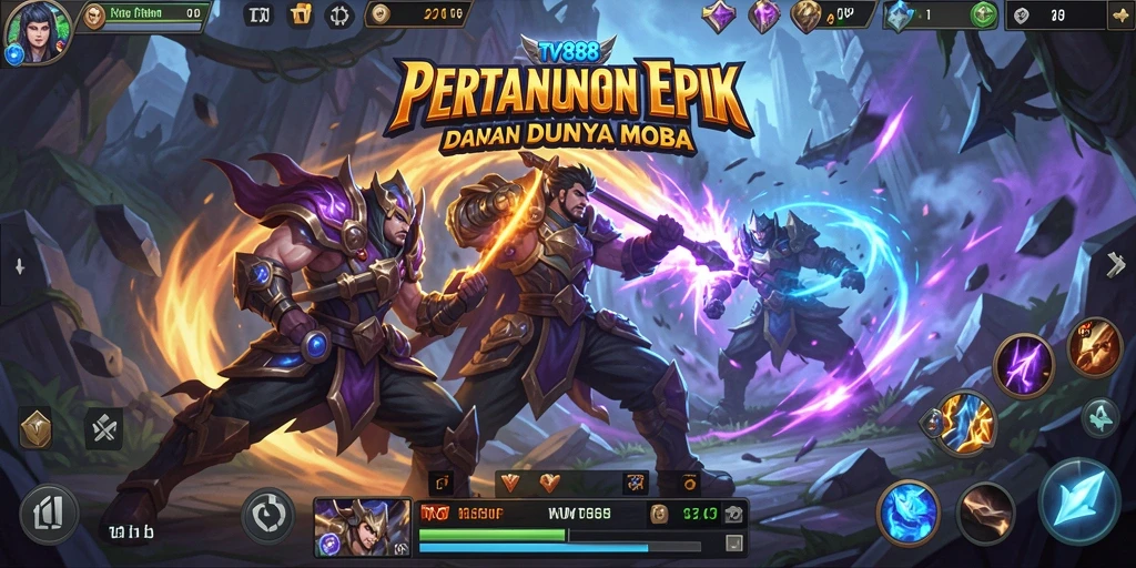 Tangkapan layar utama menampilkan aksi pertarungan seru di arena MOBA.